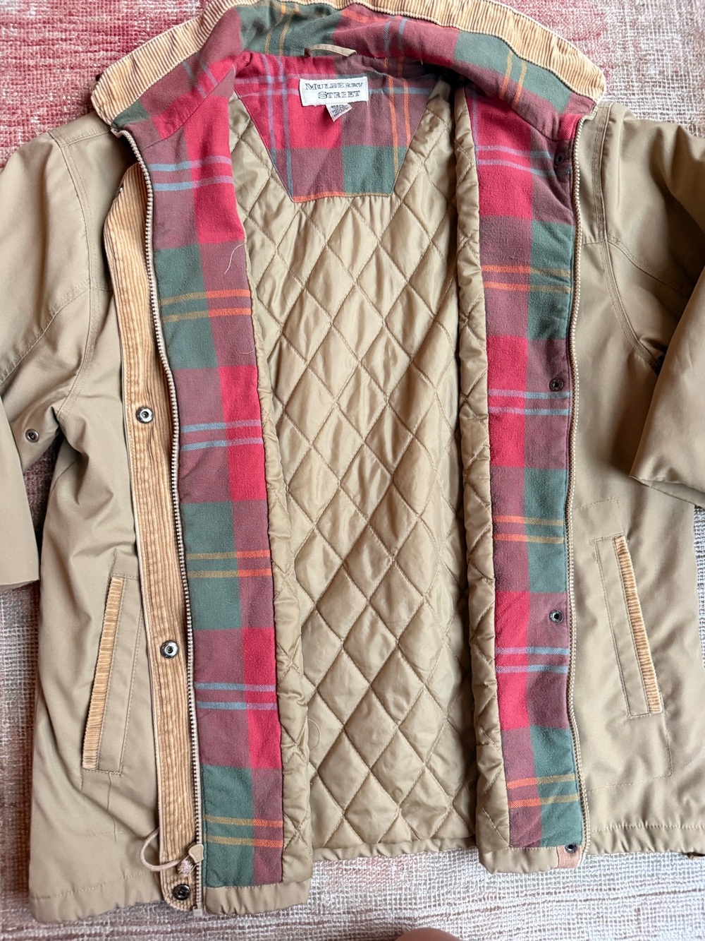 Vintage 90s Mulberry Tan Jacket with Red & Green Plaid Lining Cottagecore fall